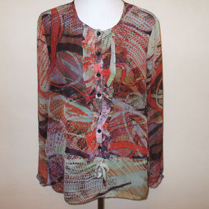 Beautiful Earth Tone Print Ruffle Blouse Shirt Top